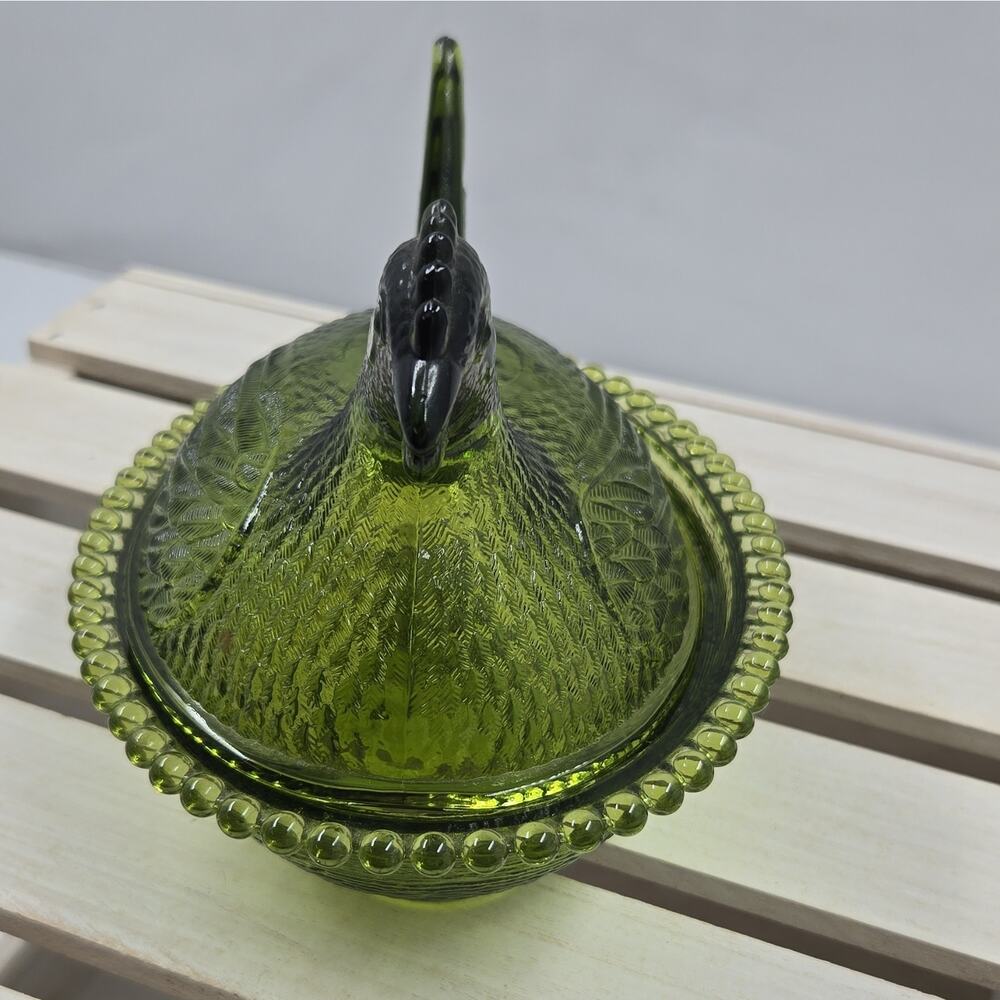 Indiana Green Pressed Glass Hen on Nest Covered Dish with Lid Oval 2-Piece Set - Picture 2 of 5